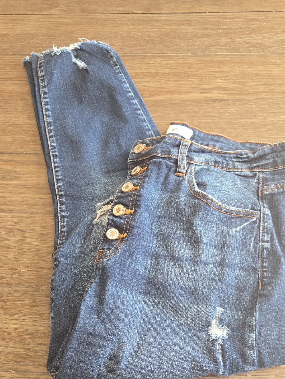 KanCan Blue Distressed High-Rise Ankle Jeans with Button-Fly